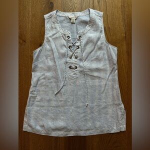 Tommy Bahama Blue & White Stripe 100% Linen Lace-Up Sleeveless Top, Small